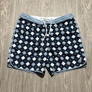 Original Penguin Navy & Light Blue Argyle Swim Shorts Size 34